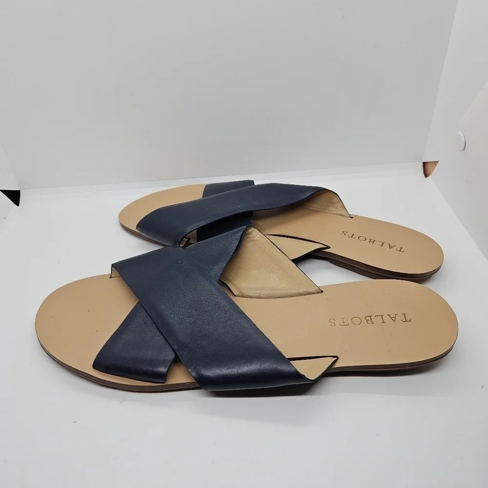 Talbots navy leather cross-strap slide sandals size 10M